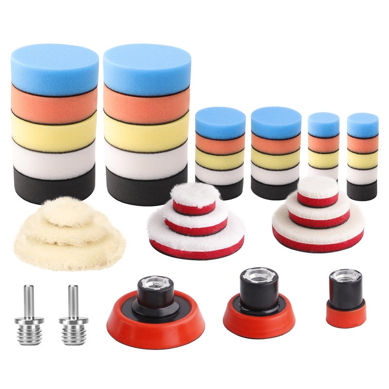 ZFE Car Foam Drill Polishing Pad Kit  44Pcs 1inch 2inch 3inch Detail Polishing Buffing Pad Mix Size Car Detailing Kit with 5/8-11 Thread Backing pad & Adapters for Buffer Polisher Polishing  Buffing - Image 1